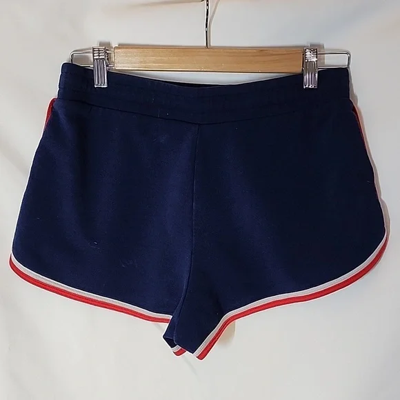 Sporty Navy Blue Women's Shorts with Red and White Stripe Trim - Picture 2 of 4